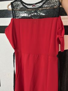 Red Cold Shoulder Lace Trim Maxi Dress