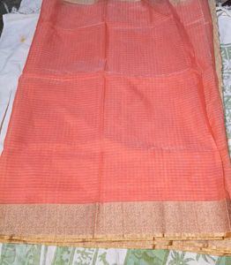 New Elegant Coral cotton saree with attached blous