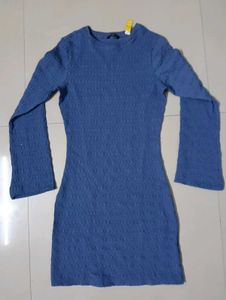 Blue Textured Long Sleeve Bodycon Dress