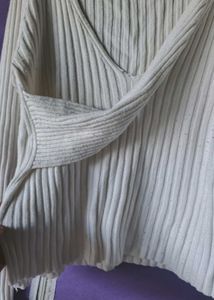 Cream Ribbed Knit Wrap Top