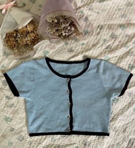 Light Blue Button-Up Cropped Top
