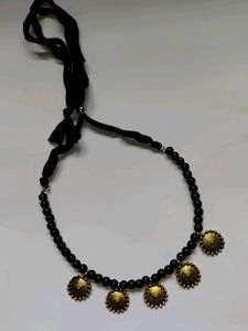 Black Beaded Necklace with Gold Pendants