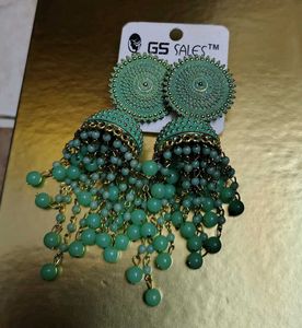 Green Jhumka Earrings with Beads
