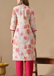 White Floral Printed Kurti for Women | Pink &amp; Oran