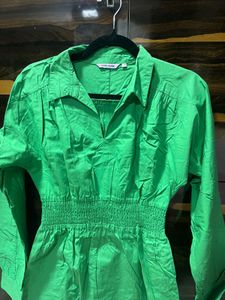 Bright Green Smocked Waist Shirt Dress