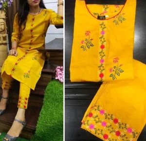 Yellow Kurta Set with Floral Embroidery