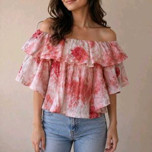 SALE Floral pink bardot ruffle top