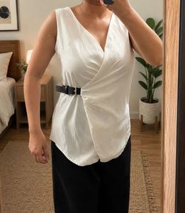 White Sleeveless Vest with Buckle Detail