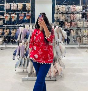 Red Floral Print Kurti with Tassels
