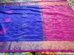 Vibrant Blue &amp; Pink Silk Saree