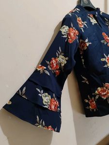 Stylish Navy Floral Print Bell Sleeve Top