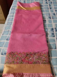 Beautiful Pink Embroidered Supernet Saree