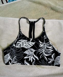 Stylish Black & White Leaf Print Bikini Top