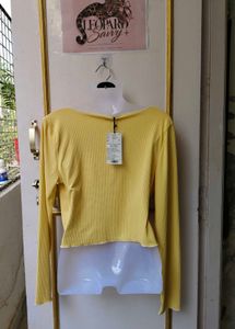 Yellow Ribbed Button-Up Top