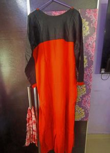 Orange long Kurta with Black Sleeves