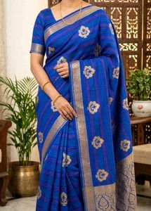Royal blue woven saree featuring gold zari butti m