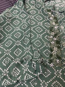 Green Bandhani Print Kurta with Embellished Neckli