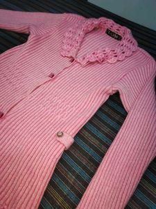 Pink Knitted Cardigan with Crochet Trim
