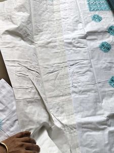 White Dress Material with Blue Embroidery