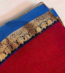 Red Saree with Blue and Gold Border