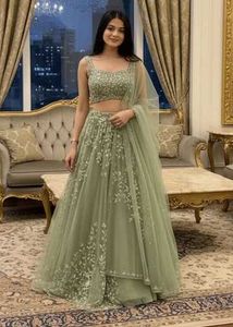 Elegant Sage Green Embroidered Lehenga