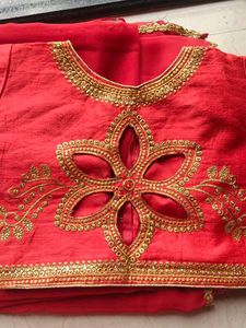 Vibrant Red Saree with Gold Border