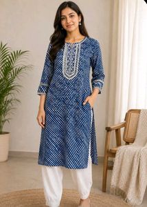 Blue Striped Kurta set with White Lace