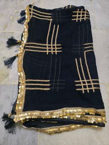 Blue Dupatta with Gold Sequins & Tassels