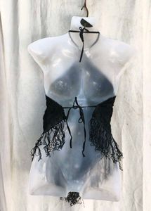 Black Halter Neck Fringe Top