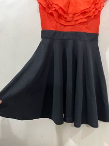 S Orange &amp; Black Ruffle Belted Fit &amp; Flare Dress