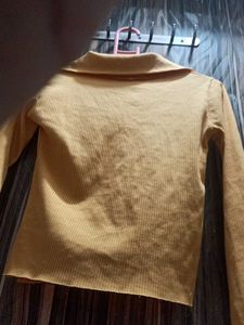 Yellow Ribbed Collared Long Sleeve Top