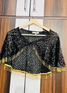 Sparkling Black Sequined Capelet with Fringe