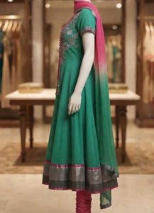 Elegant Green Anarkali Suit with Pink Dupatta