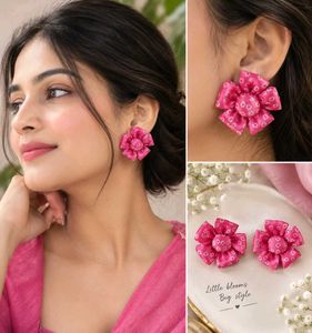 Vibrant Pink Fabric Floral Statement Earrings