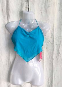 I. Blue Halter Neck Cropped Top