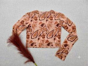 Trendy Orange Abstract Print Mesh Top