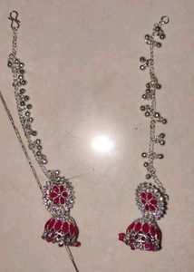 Magenta Jhumka Earring with Hair Chain