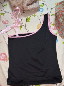 Chic Black One-Shoulder Top with Pink Ribbons