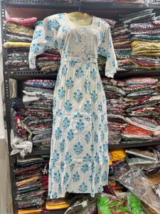 White &amp; Blue Block Print Tiered Long frock Dress
