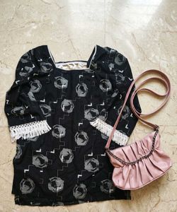 Stylish Black Printed Kurta with Pink Bag