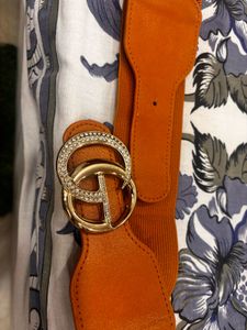 Orange Elastic Belt with Gold &amp; Crystal Buckle