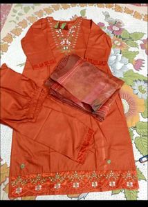 Orange Kurta set  with Embroidery