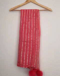 Pink Dupatta with Silver Stripes