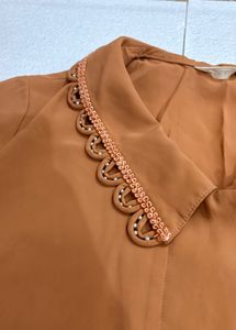 Chic Collared Brick red Blouse with Lace Trim