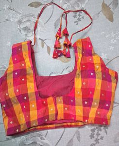 Vibrant Plaid Blouse with Gold Dots