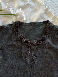Elegant Grey Cardigan with Embellished Neckline