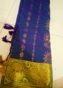 Blue Silk Saree with Gold Border