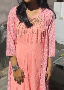 Elegant Pink Kurta Set with Embellished Neckline
