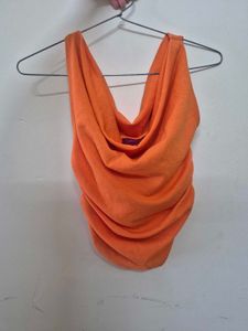Orange Ruched Cowl Neck Top