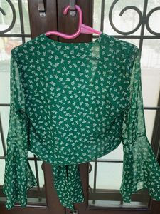 Green Floral Tie-Front Crop Top